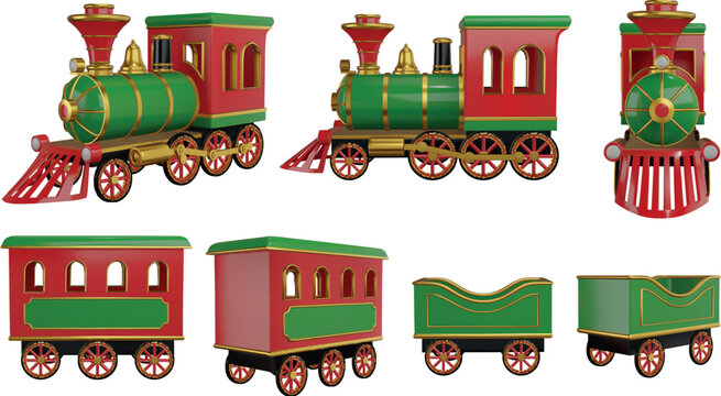 christmas toy train parts in different views. realistic 3d train elements. isolated locomotive and steam train carriages