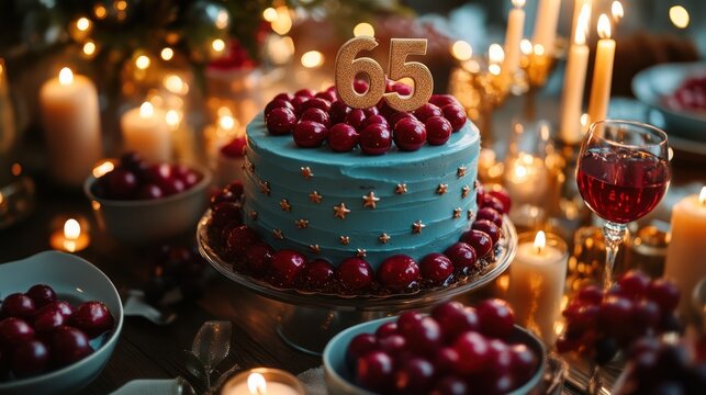 A blue birthday cake with golden stars and cherries, adorned with gold number 65 candles, sits surrounded by candles and bowls of cherries on a dark wooden table.