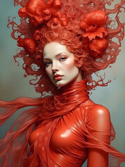 beautiful woman in red sleek futuristic outfit