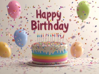 Shiny 3D "Happy Birthday" text with balloons, a rainbow cake, and sparkling confetti falling from the top