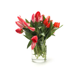 Red tulip flower in transparent glass vase on white. Minimalist still life.