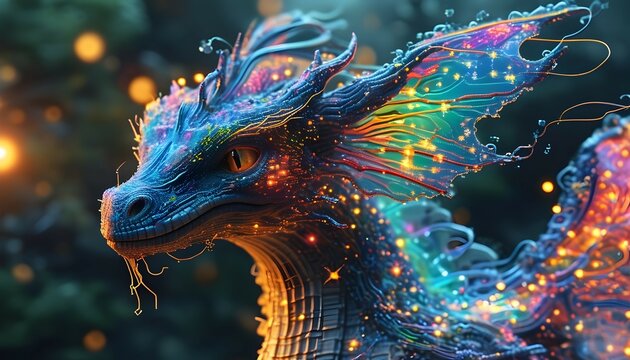 rainbow hued dragon in ethereal space setting for digital art