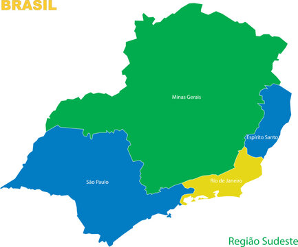 Map of the territory of the southeast region of Brazil with divisions by highlighted states, vector with simple lines of political divisions