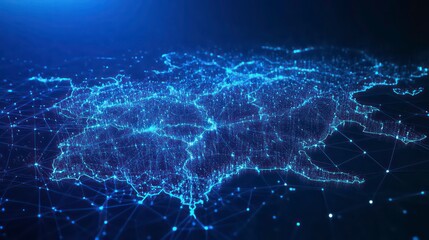 A digital representation of a networked map with glowing connections and nodes.