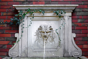 płaskorzeźba, kamienna maska ścienna, architektura ogrodowa, bas-relief mask on the wall (Hedera ), maszkaron, rzeźba z piaskowca, fontanna ogrodowa, fontanna ścienna z piaskowaca otoczona bluszczem  © kateej