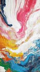 Vibrant abstract fluid art painting with swirling colors of pink, blue, yellow, and white creating a dynamic and energetic composition on canvas.