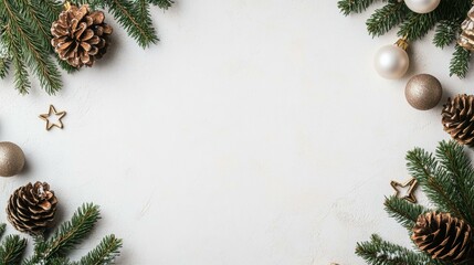 Festive Christmas scene with fir branches, golden baubles, warm glow, creating holiday spirit.