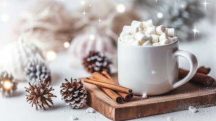A cup of hot chocolate with marshmallows or coffee, surrounded by Christmas or holiday decorations