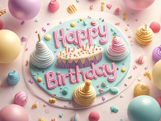 Whimsical "Happy Birthday" script with pastel balloons and a cartoon-style birthday cake