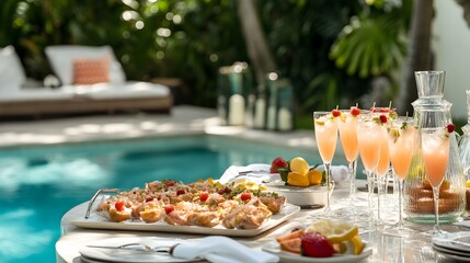 A festive table by the pool with refreshing cocktails