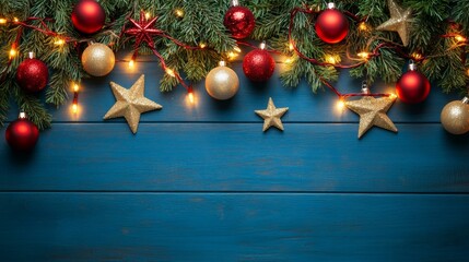 Festive Christmas decorations on blue wooden surface, featuring ornaments, pine branches, and twinkling lights.