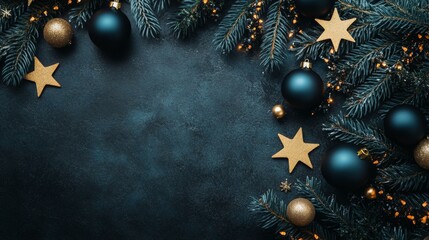 Christmas tree branches with gold stars, decorations on black background, festive holiday scene.