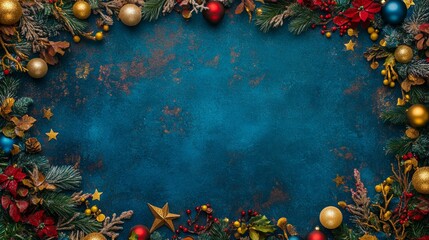 Blue background featuring Christmas wreath adorned with festive decorations, capturing holiday spirit.