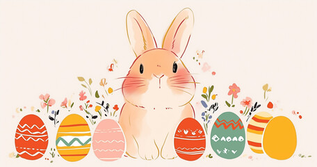 cute easter bunny surrounded by decorated chocolate eggs illustration