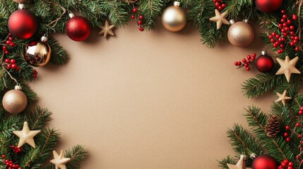 Christmas wreath adorned with ornaments, festive decorations, pine cones, and red ribbon, on wooden door.