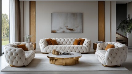 Luxurious living room with white tufted sofa, two armchairs, coffee table, and a large abstract painting.