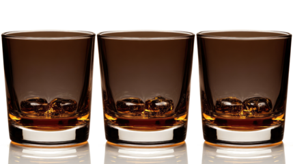 Set of Three Whiskey Glasses With Ice on a Transparent Background Generative AI