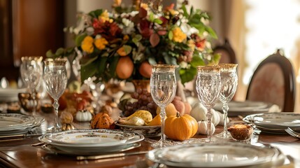 A festive set table with traditional Thanksgiving