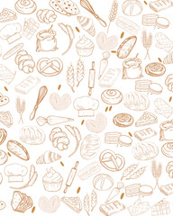 bakery pattern wallpaper or background featuring a assortment of fresh pastries and baking tools 