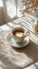 Obraz premium A cozy morning cup of coffee with heart shaped foam and dried flowers in soft light