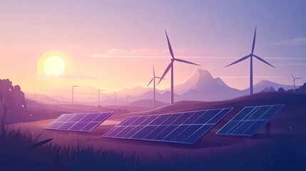 A serene landscape featuring solar panels and wind turbines at sunset, symbolizing renewable energy.
