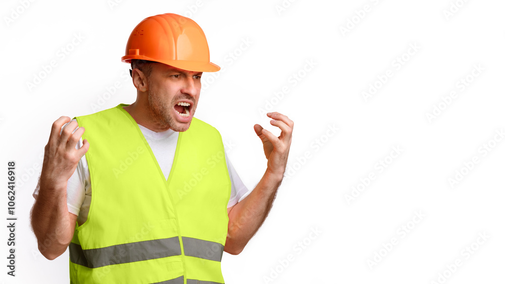 Fototapete Building Problems Concept. Mad Construction Worker Gesturing Emotionally And Shouting In Anger Posing Standing Over White Studio Background, Looking Aside. Panorama With Blank Space For Text