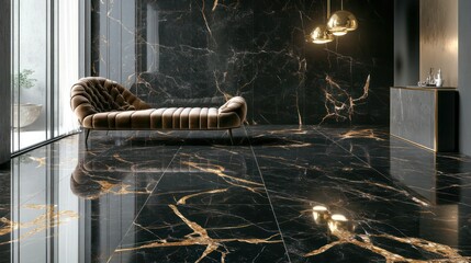 A polished black marble floor with intricate gold veining, matched with a velvet chaise lounge and modern lighting fixtures.