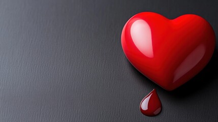Obraz premium A glossy red heart with a teardrop rests on a textured dark surface, AI