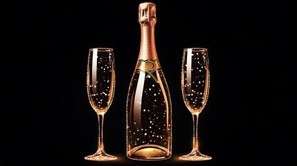 New Year glittery champagne bottle and glasses illustration