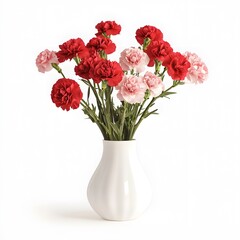 A bouquet of red and pink carnations in a white background