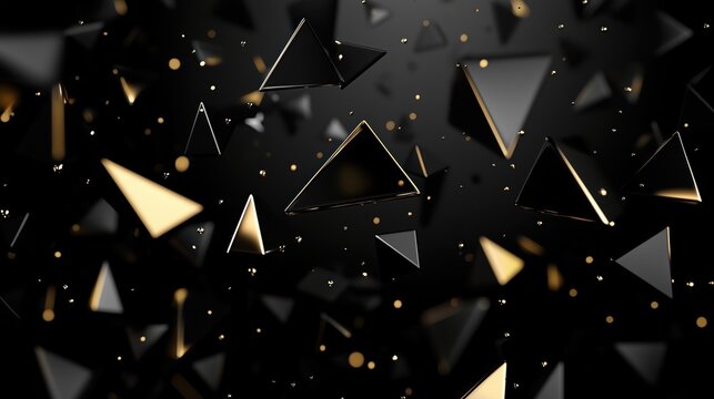 Floating black and gold triangular shapes against a dark background, creating an elegant and modern abstract scene.