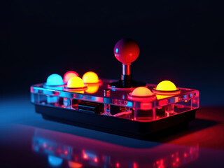 A retro gaming joystick featuring vibrant glowing LED buttons in a dark setting. Captures the nostalgic and immersive essence of classic arcade gaming with vivid colors and design.