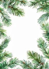 Watercolor christmas frame with poinsettia, spruce branch and cotton flower. New year design for postcard