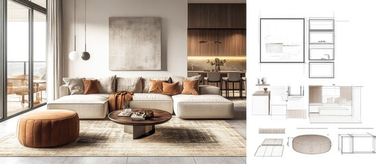 Fototapeta premium Modern living room interior design with a sectional sofa, ottoman, coffee table, rug, and artwork with a blueprint of the space to the right.