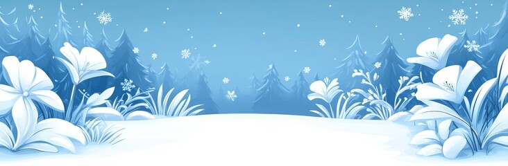 A winter panorama of a snow-covered plant on a blurred background