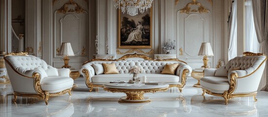 Elegant white living room with gold accents and ornate furniture.