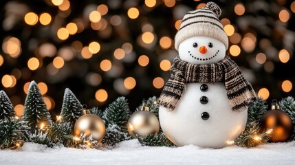 A cheerful snowman grins brightly, dressed in a cozy hat and scarf, surrounded by softly blurred Christmas trees in pastel colors