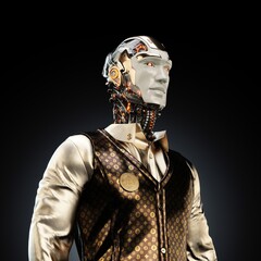 Futuristic robot in elegant gold-toned attire showcasing technology and luxury fashion concept standing against a dark background reflecting innovation in modern artificial intelligence design