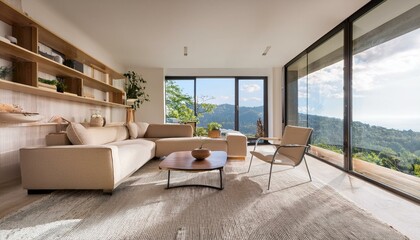 Fototapeta premium A modern living room with beige furniture and large windows overlooking a scenic view. Wooden shelves and cabinets add warmth to the minimalist design. 3D rendering
