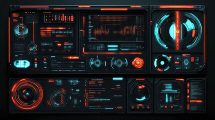 Obraz premium A futuristic user interface with data visualizations and control panels in orange and black.