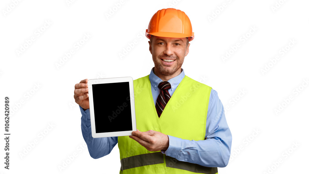 Poster construction worker showing tablet computer with empty screen advertising building industry services