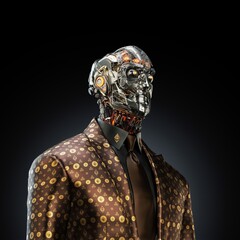 Futuristic humanoid robot wearing an elegant, patterned suit and tie, technology with mechanical details against a dark background, symbolizing the future of artificial intelligence and robotics