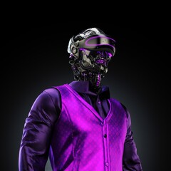 A futuristic humanoid robot with intricate metallic design wearing a virtual reality headset and vibrant purple clothing against a dark background, showcasing advanced technology and innovation