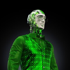 Futuristic humanoid robot with intricate circuitry and a glowing green outfit exudes advanced technology and artificial intelligence on a dark gradient background in a studio setting