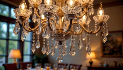 Ornate Crystal Chandelier Illuminating Dining Room
