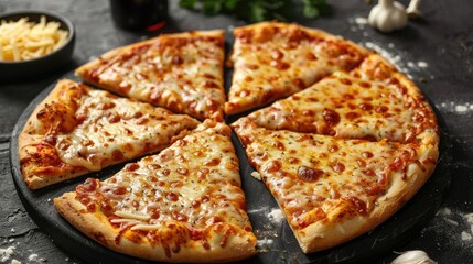 Four cheese pizza on dark surface.