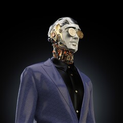 Futuristic robot dressed in ornate blue suit with bitcoin coins as eyes symbolizing cryptocurrency and technology advancement in modern finance and artificial intelligence concepts on black background