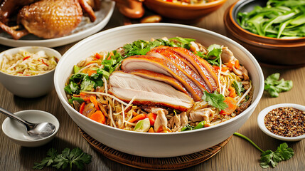 A warm bowl of Chae Roast Duck garnished with fresh herbs, alongside striped Khanom Chan and vegetables, invites diners to enjoy a flavorful meal at the restaurant