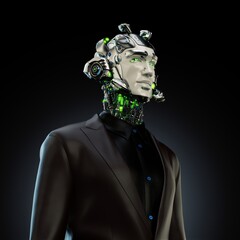 A futuristic humanoid robot with cybernetic features, wearing a dark suit, showcasing intricate technology and glowing green elements against a dark background, embodying artificial intelligence