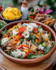 A vibrant salad bowl brimming with fresh vegetables, herbs, and duck, adorned with edible flowers, served at a lively event at Chae Roast Duck and Khanom Chan High